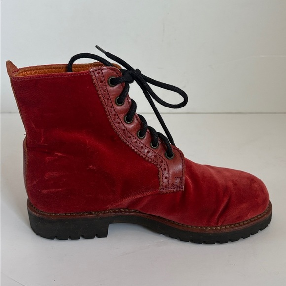 Penelope Chilvers red velvet boots lace up laser cut trim combat boots boots - Picture 12 of 16